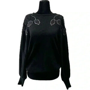 Vintage Angora Lambswool Sweater Pullover Beaded Appliqué Black Size Medium